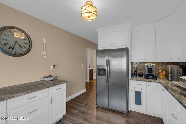 26 Kathy Ct, Brick, NJ 08724 - kitchen featuring stainless steel fridge, backsplash, white cabinetry, and stone counters