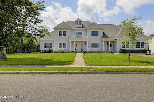 1 Country Club Dr, Deal, NJ 07723 - view of front of property with covered porch, a front yard, a balcony, and stucco siding