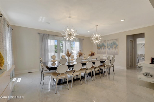 1 Country Club Dr, Deal, NJ 07723 - dining area with a chandelier, crown molding, light marble finish floors, and recessed lighting
