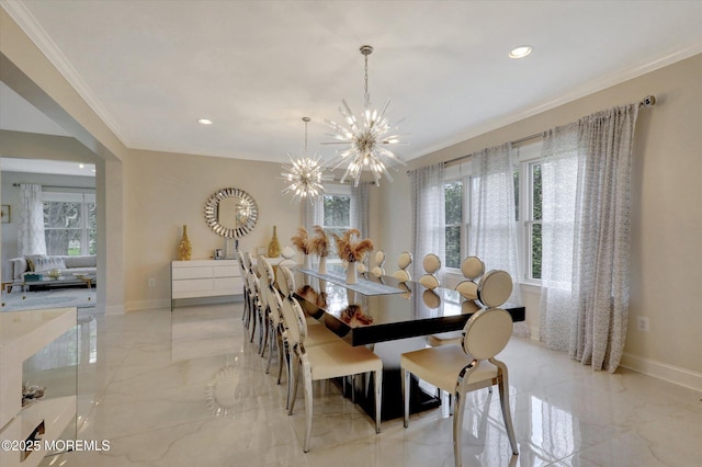 1 Country Club Dr, Deal, NJ 07723 - dining space with a chandelier, crown molding, light marble finish flooring, and recessed lighting