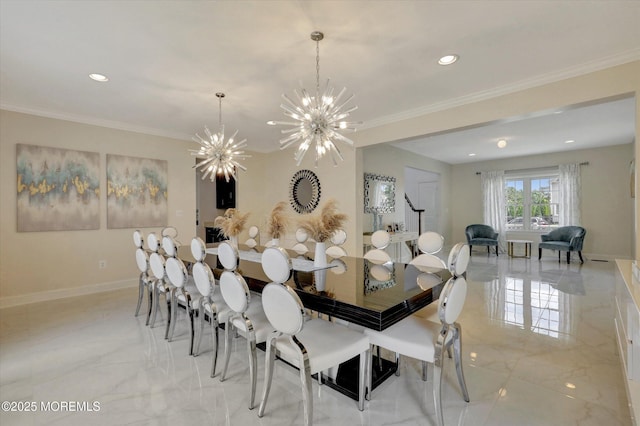 1 Country Club Dr, Deal, NJ 07723 - dining area with light marble finish floors, a chandelier, recessed lighting, and ornamental molding