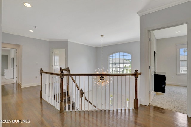 1 Country Club Dr, Deal, NJ 07723 - hallway featuring an upstairs landing, a chandelier, wood finished floors, recessed lighting, and ornamental molding