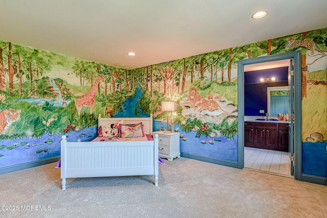 2 Red Oak, Holmdel, NJ 07733 - carpeted bedroom featuring wallpapered walls, recessed lighting, and ensuite bath