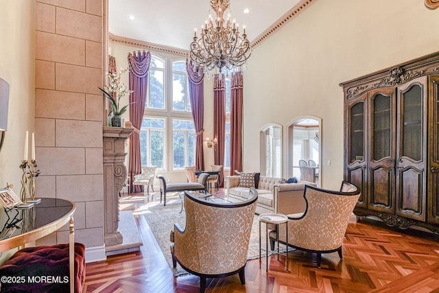 2 Red Oak, Holmdel, NJ 07733 - dining area featuring a chandelier, a towering ceiling, and recessed lighting