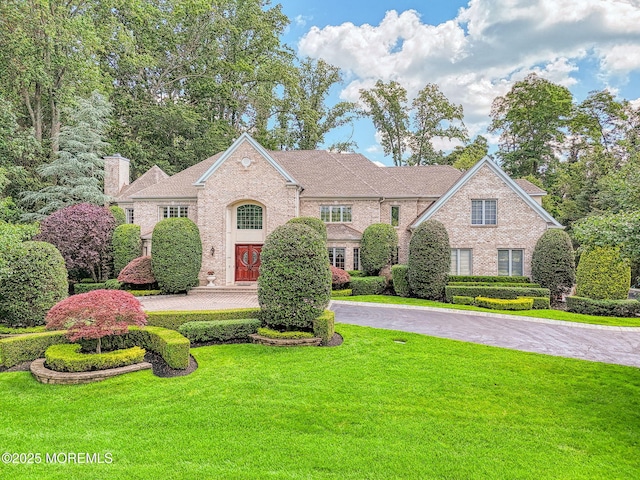 2 Red Oak, Holmdel, NJ 07733 - view of front facade featuring a front yard, brick siding, a chimney, and asphalt driveway