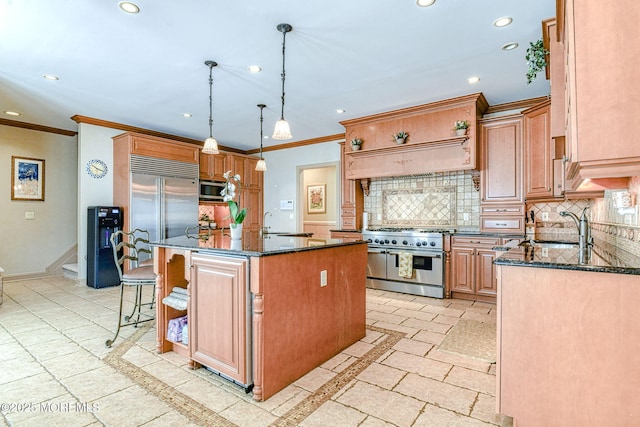 2 Red Oak, Holmdel, NJ 07733 - kitchen featuring premium appliances, ornamental molding, recessed lighting, tasteful backsplash, and dark stone countertops