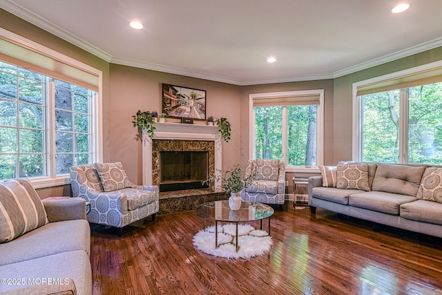 2 Red Oak, Holmdel, NJ 07733 - living area featuring healthy amount of natural light, hardwood / wood-style floors, a fireplace, recessed lighting, and crown molding