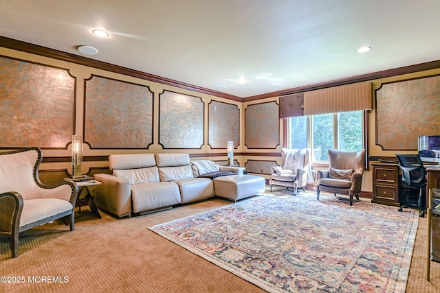 2 Red Oak, Holmdel, NJ 07733 - living room with crown molding, light carpet, a decorative wall, recessed lighting, and a desk