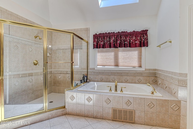 2 Red Oak, Holmdel, NJ 07733 - bathroom featuring a bath, tile patterned flooring, a shower stall, and a skylight