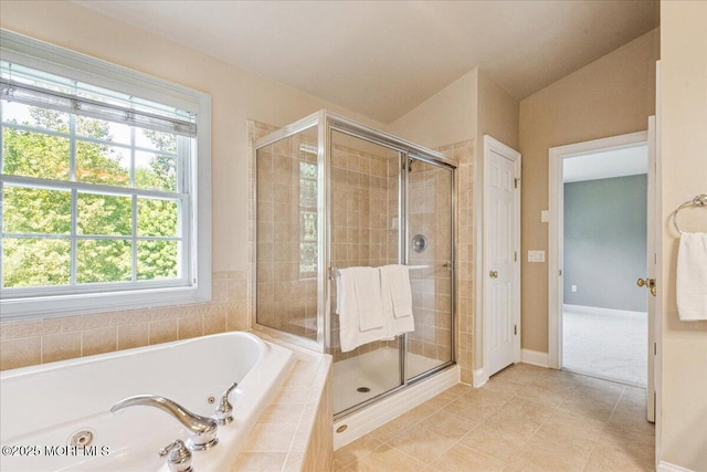 24 Rutledge Rd, Marlboro, NJ 07746 - full bathroom featuring a whirlpool tub, a shower stall, tile patterned flooring, and lofted ceiling