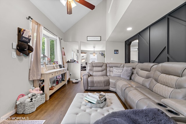 81 Lockwood Ave, Woodbridge, NJ 07095 - living area with a ceiling fan, wood finished floors, and high vaulted ceiling