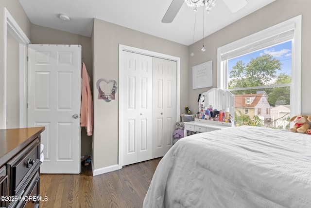 81 Lockwood Ave, Woodbridge, NJ 07095 - bedroom with dark wood-type flooring, a closet, and a ceiling fan