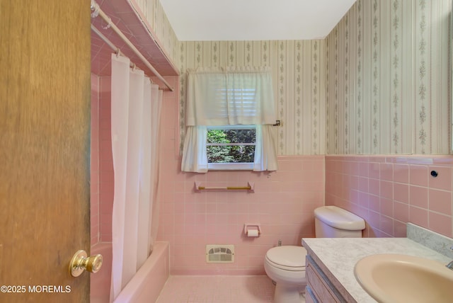16 Burdge Dr, Howell, NJ 07731 - full bath with vanity, wallpapered walls, wainscoting, shower / tub combo, and tile walls