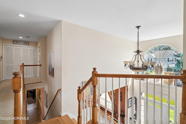 15 Savannah Dr, Barnegat, NJ 08005 - hallway featuring an upstairs landing, a chandelier, recessed lighting, and wood finished floors
