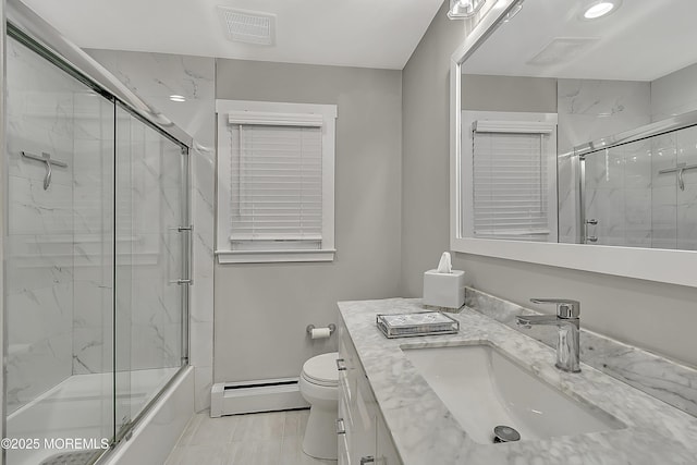 4 Longpoint Dr, Brick, NJ 08723 - bathroom with baseboard heating, vanity, bath / shower combo with glass door, and tile patterned flooring
