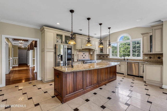 1 Ethan Dr, Farmingdale, NJ 07727 - kitchen featuring cream cabinetry, stainless steel appliances, a kitchen island, crown molding, and decorative backsplash