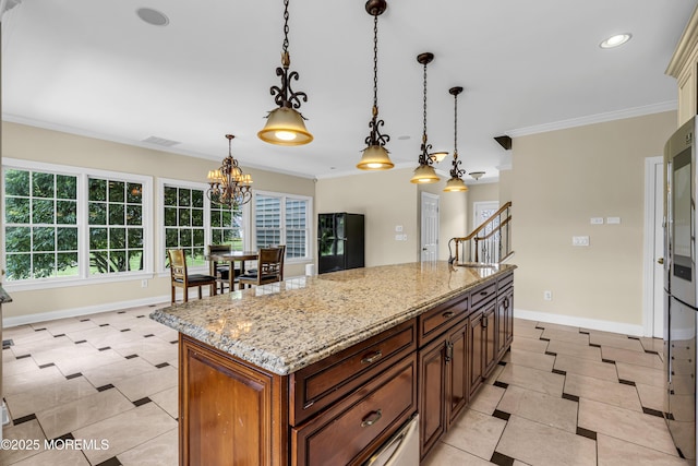 1 Ethan Dr, Farmingdale, NJ 07727 - kitchen with light tile patterned floors, decorative light fixtures, light stone counters, crown molding, and a chandelier