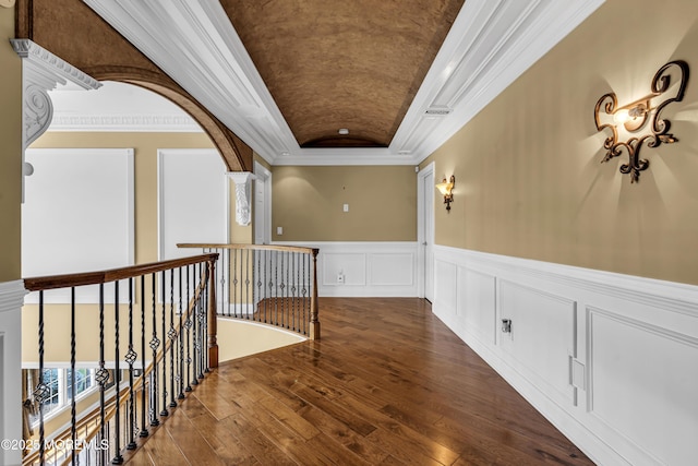 1 Ethan Dr, Farmingdale, NJ 07727 - hallway with crown molding, hardwood / wood-style flooring, an upstairs landing, a decorative wall, and a wainscoted wall