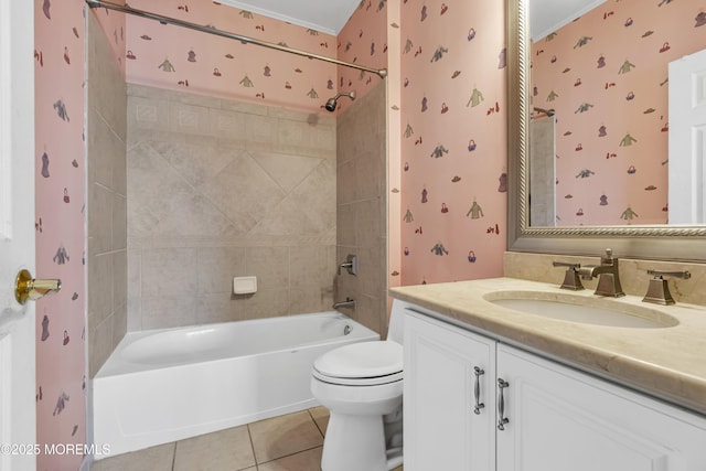 1 Ethan Dr, Farmingdale, NJ 07727 - bathroom featuring vanity, wallpapered walls, bathing tub / shower combination, ornamental molding, and tile patterned floors