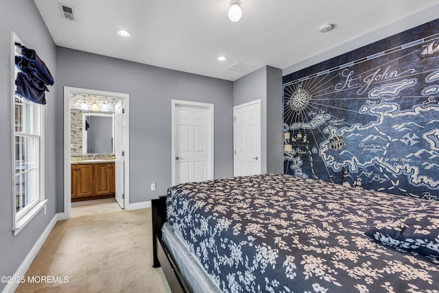 1 Ethan Dr, Farmingdale, NJ 07727 - bedroom with light colored carpet, ensuite bathroom, and recessed lighting