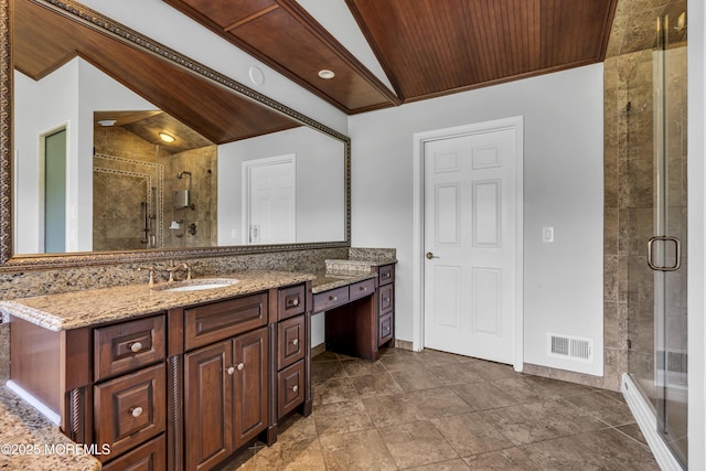 1 Ethan Dr, Farmingdale, NJ 07727 - bathroom featuring lofted ceiling, wooden ceiling, vanity, and a shower stall