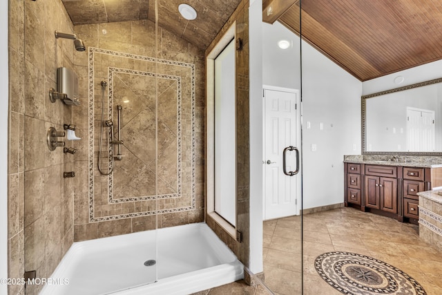 1 Ethan Dr, Farmingdale, NJ 07727 - bathroom featuring vaulted ceiling, a stall shower, vanity, tile patterned flooring, and wooden ceiling