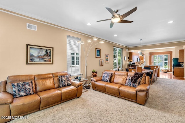 24 Oakmont Ln, Jackson, NJ 08527 - living room with ceiling fan, crown molding, carpet, and recessed lighting