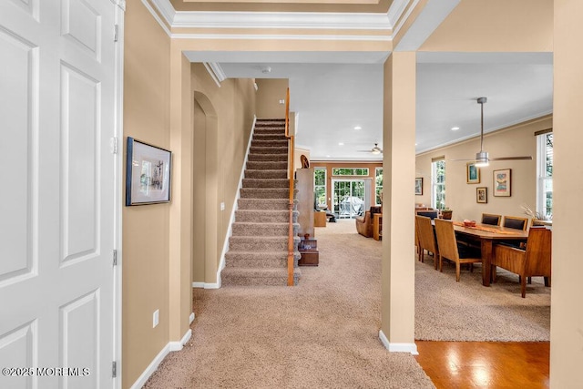 24 Oakmont Ln, Jackson, NJ 08527 - carpeted foyer featuring crown molding, stairway, ceiling fan, and recessed lighting