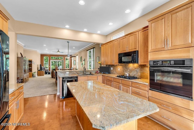 24 Oakmont Ln, Jackson, NJ 08527 - kitchen with black appliances, open floor plan, a peninsula, recessed lighting, and ornamental molding