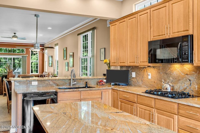 24 Oakmont Ln, Jackson, NJ 08527 - kitchen with black appliances, ceiling fan, crown molding, healthy amount of natural light, and a peninsula