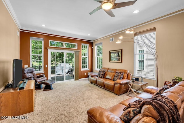 24 Oakmont Ln, Jackson, NJ 08527 - living room with crown molding, carpet flooring, a ceiling fan, healthy amount of natural light, and recessed lighting