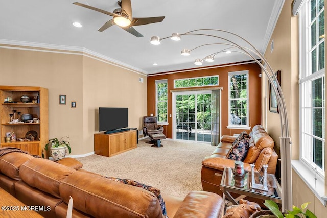 24 Oakmont Ln, Jackson, NJ 08527 - carpeted living room with ornamental molding, healthy amount of natural light, a ceiling fan, and recessed lighting