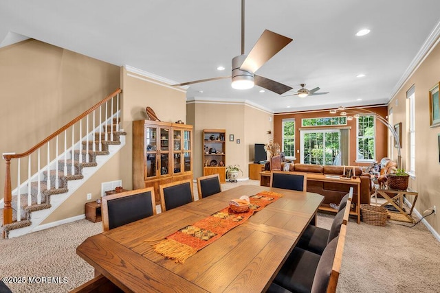 24 Oakmont Ln, Jackson, NJ 08527 - dining area featuring stairs, carpet, crown molding, ceiling fan, and recessed lighting