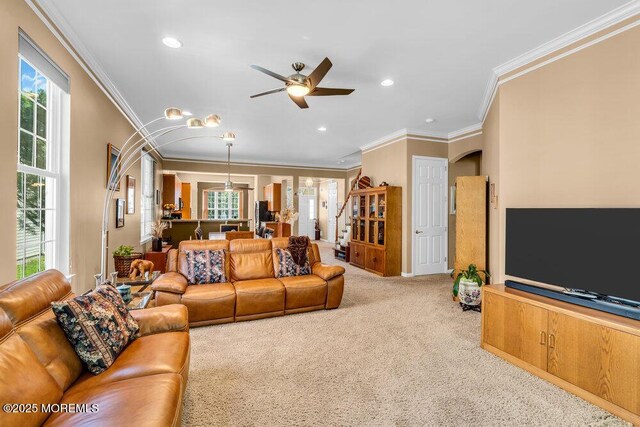 24 Oakmont Ln, Jackson, NJ 08527 - carpeted living room with ornamental molding, a ceiling fan, arched walkways, and recessed lighting
