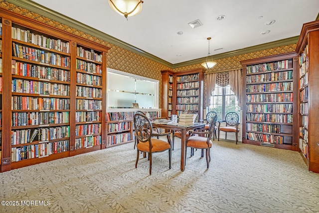 24 Oakmont Ln, Jackson, NJ 08527 - home office with wall of books, carpet floors, crown molding, and wallpapered walls