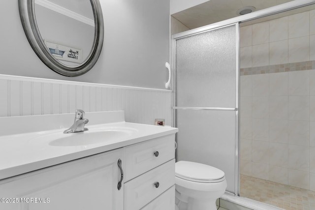 10 Ann Ct, Tinton Falls, NJ 07724 - bathroom featuring vanity, a shower stall, and wainscoting