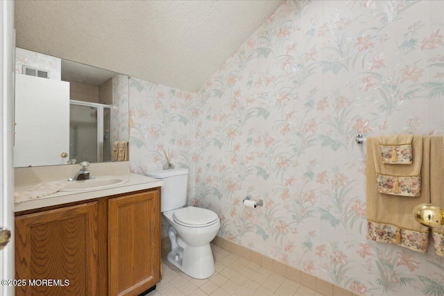 126 Sunnymede St, Englishtown, NJ 07726 - bathroom with wallpapered walls, vanity, a textured ceiling, a stall shower, and tile patterned floors