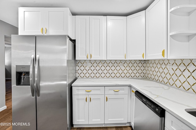 179A Buckelew Ave Unit A, Jamesburg, NJ 08831 - kitchen featuring stainless steel appliances, open shelves, white cabinets, and light stone countertops
