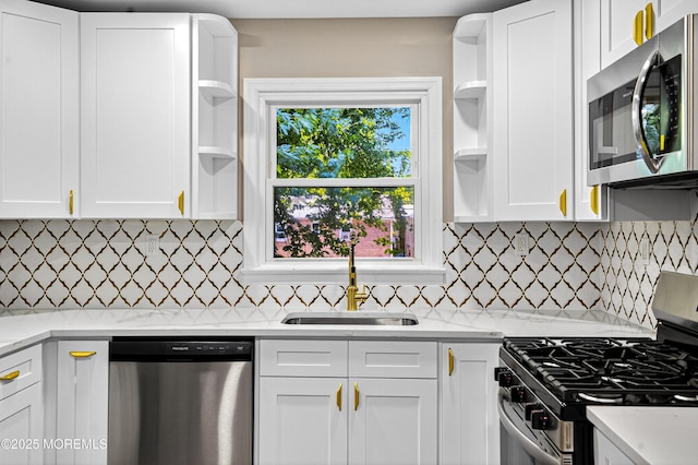 179A Buckelew Ave Unit A, Jamesburg, NJ 08831 - kitchen with open shelves, appliances with stainless steel finishes, light countertops, and white cabinets