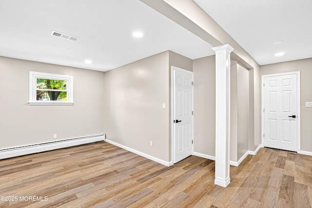 179A Buckelew Ave Unit A, Jamesburg, NJ 08831 - unfurnished room featuring light wood-style flooring, decorative columns, a baseboard heating unit, and recessed lighting