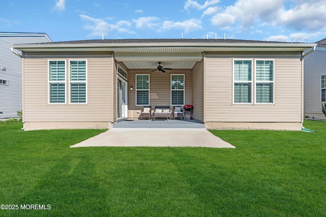 65 Ambermist Way, Forked River, NJ 08731 - back of property featuring ceiling fan, a patio, and a lawn