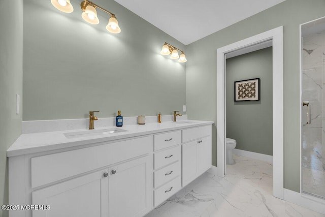 45 Shore Acres Ave, North Middletown, NJ 07748 - bathroom with marble look tile flooring, a marble finish shower, and double vanity