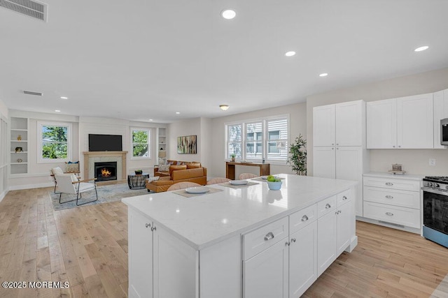 45 Shore Acres Ave, North Middletown, NJ 07748 - kitchen featuring stainless steel appliances, a center island, light wood-style floors, a lit fireplace, and recessed lighting