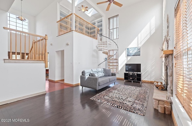 408 Brookdale Ave, Long Branch, NJ 07740 - living area featuring stairs, a high ceiling, wood finished floors, and ceiling fan