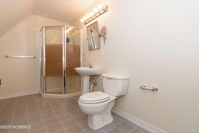 67 School Rd E, Marlboro, NJ 07746 - bathroom featuring lofted ceiling, a stall shower, and tile patterned floors