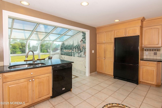 67 School Rd E, Marlboro, NJ 07746 - kitchen featuring black appliances, light brown cabinetry, light tile patterned floors, tasteful backsplash, and dark stone countertops
