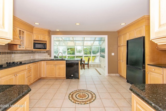 67 School Rd E, Marlboro, NJ 07746 - kitchen featuring black appliances, light brown cabinetry, and recessed lighting