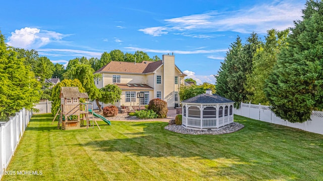 3 Knightsbridge Pl, Jackson, NJ 08527 - rear view of house with a playground, a chimney, a gazebo, and a fenced backyard