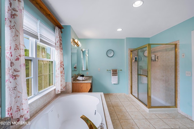 3 Knightsbridge Pl, Jackson, NJ 08527 - full bath with vanity, a whirlpool tub, a stall shower, tile patterned floors, and recessed lighting