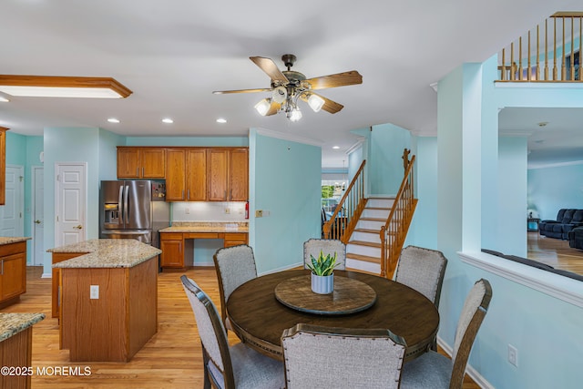 3 Knightsbridge Pl, Jackson, NJ 08527 - dining room with a ceiling fan, stairs, light wood-style flooring, recessed lighting, and ornamental molding